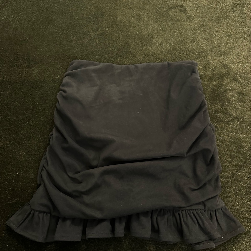 Black Ruched Mini Skirt With Ruffle Hem Velvety Material